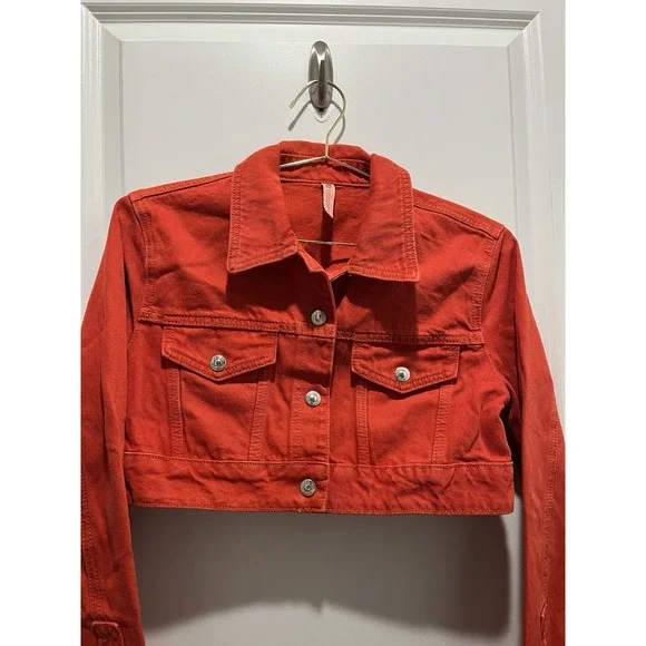 Zara Cropped Denim Jacket Dark Orange Size S Blogger Fav Cotton - Picture 5 of 8